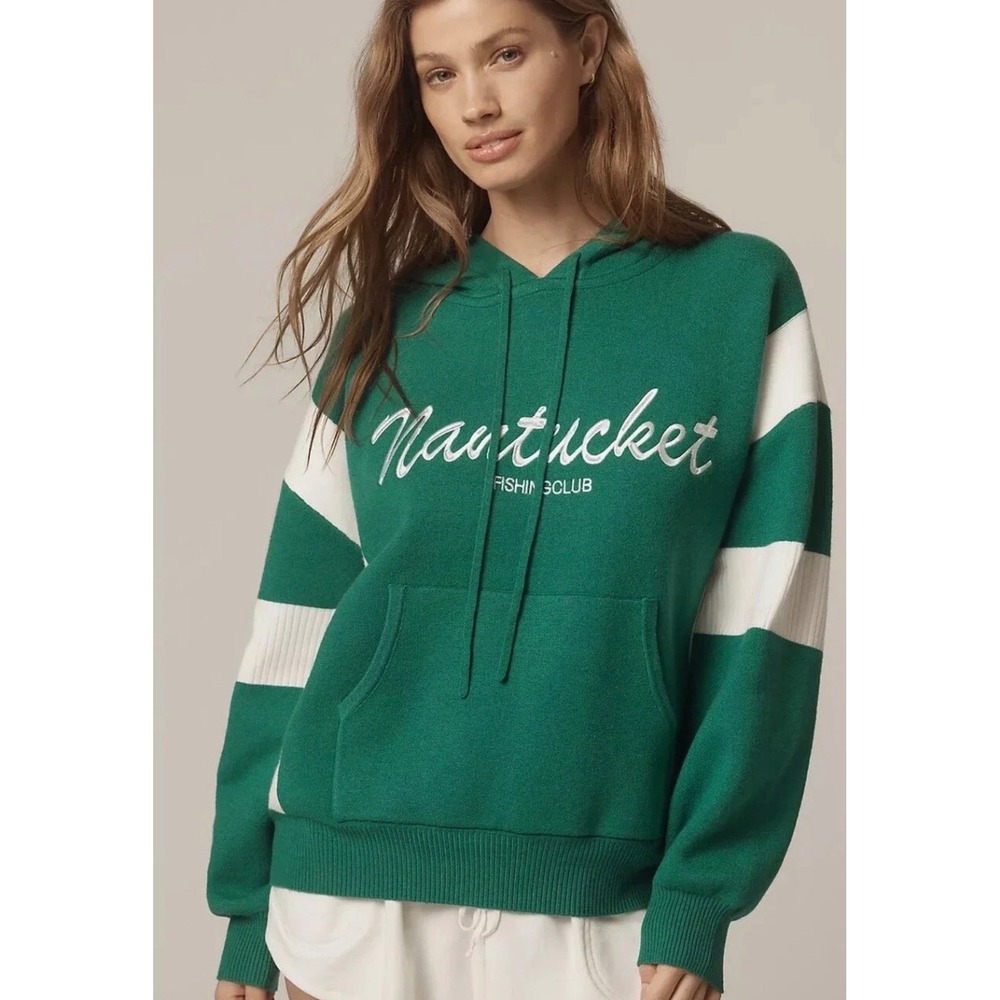 Daily Practice Nantucket Fishing Club Hoodie Women M Green White Stripe Knit